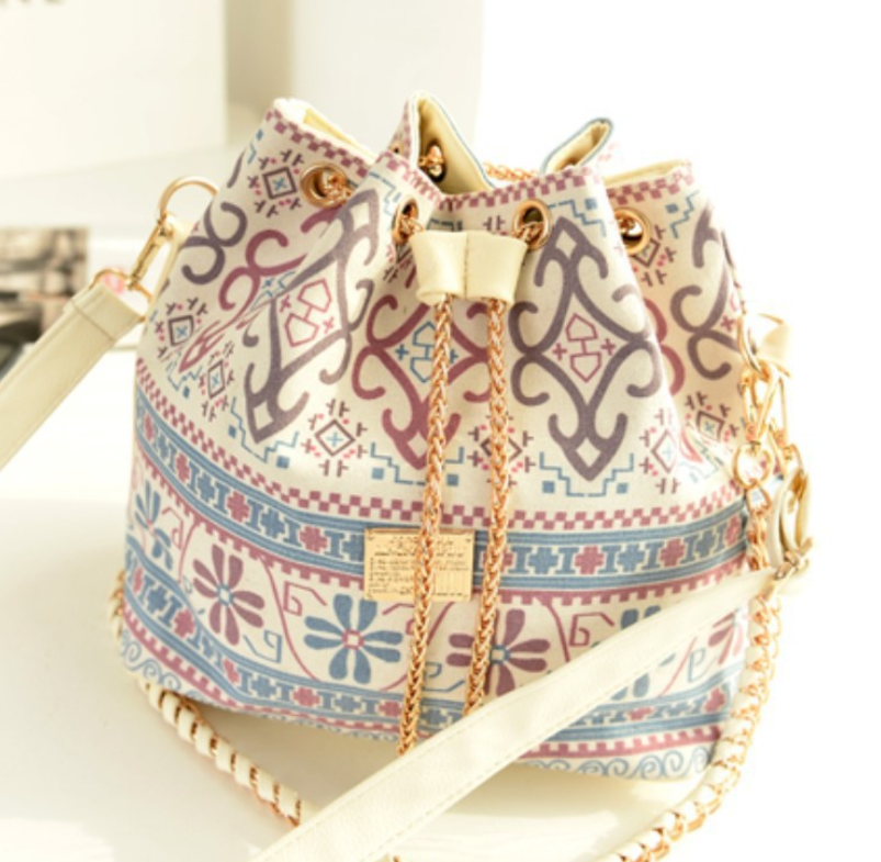 Canvas Bucket Bag with Ethnic Chain Strap