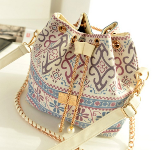 Canvas Bucket Bag with Ethnic Chain Strap