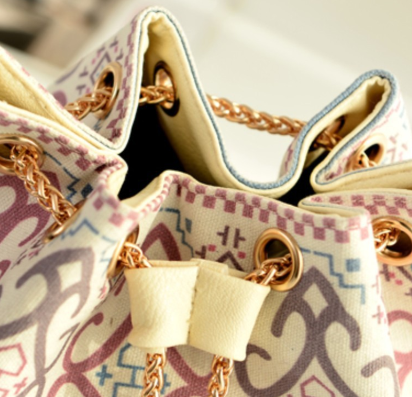 Canvas Bucket Bag with Ethnic Chain Strap