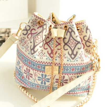 Canvas Bucket Bag with Ethnic Chain Strap